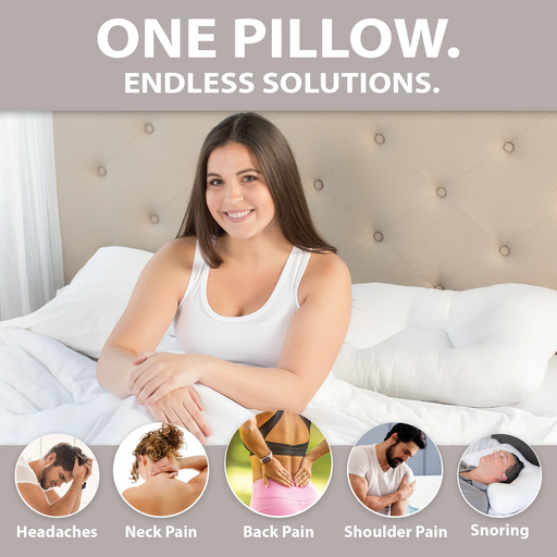 Woman lying on a bed with a pillow, surrounded by icons and text about pain solutions.