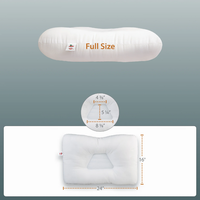 Measurement chart of a full size pillow with dimensions on a gray background